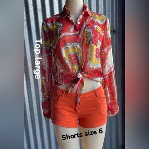 Colorful Sheer Blouse and Orange Shorts Set